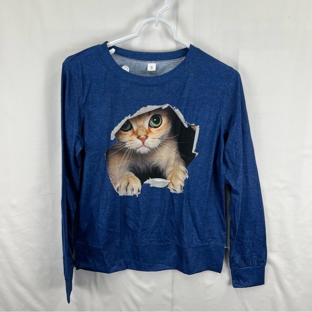 Women's Long Sleeve Top - Small - Dark Blue - Orange Cat - NWT